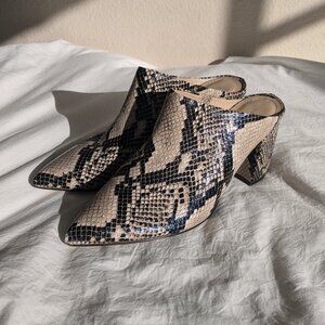 Marc Fisher Beige and Black Snake-Print Mules